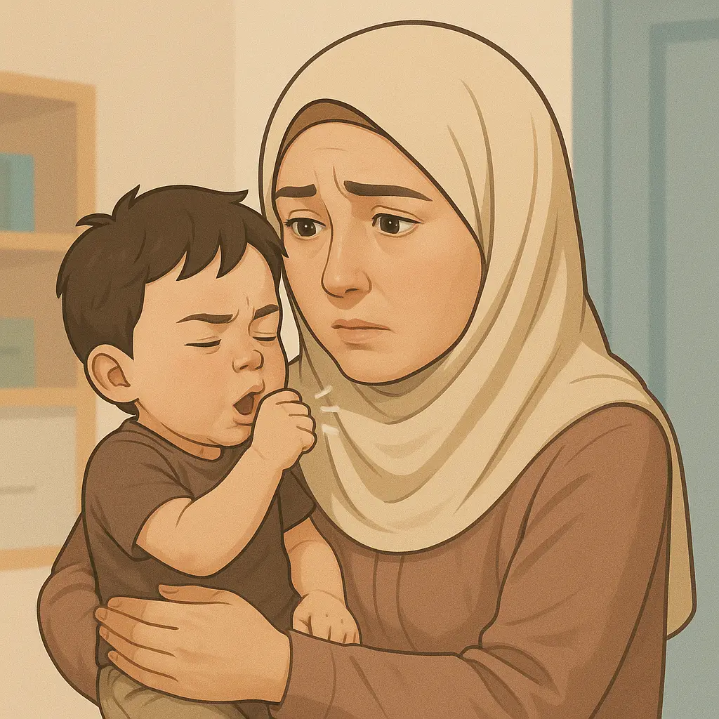 Budak kecil batuk di pelukan ibu